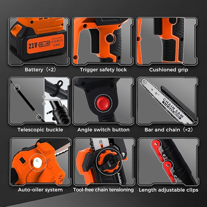 8'' Electric Pole Saws for Tree Trimming, Cordless 2-in-1 Pole Saw & Mini Chainsaw with Extension Pole, Battery Powered with 2x4.0Ah Batteries and Charger, Max 16FT Reach for Pruning