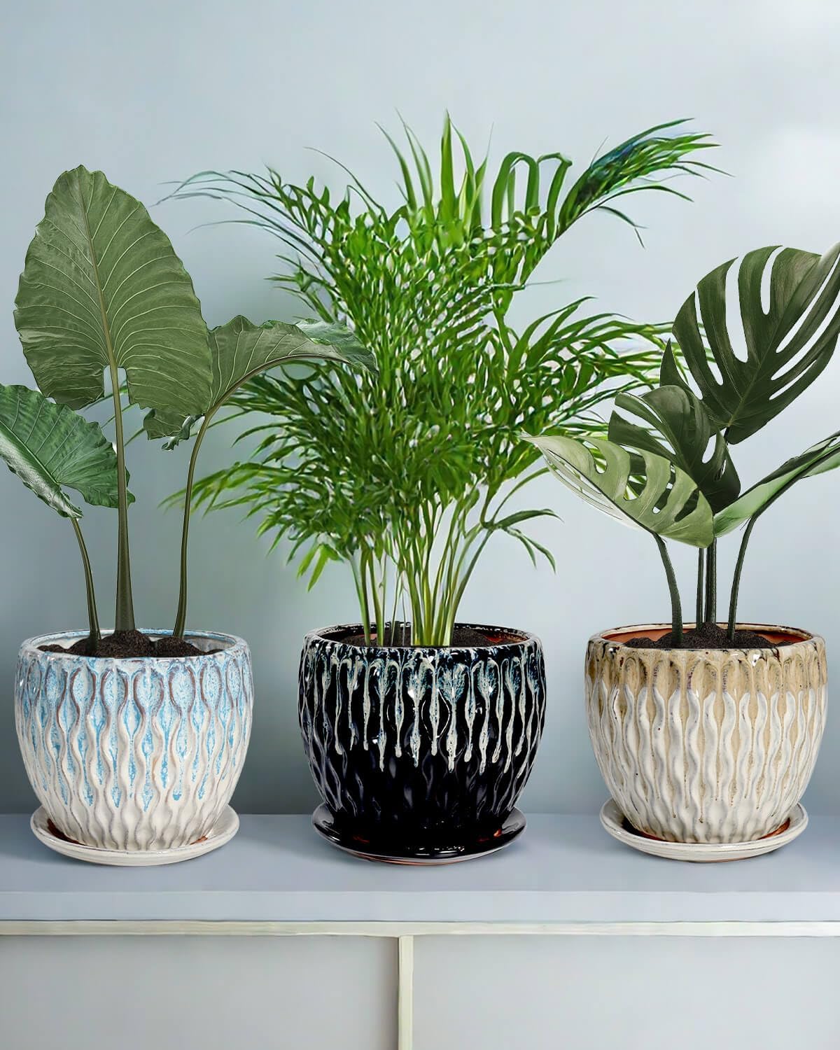 vensovo 7.5 Inch Ceramic Plant Pot with Drainage Holes and Saucer - Large Round Orchid Pot for Indoor Repotting, Ceramic Planter Maintain Air Circulation, Yellow