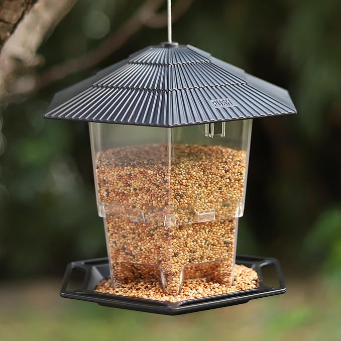 Solar Bird Feeder for Outdoors Hanging,Black Hanging Wild Bird Feeders with S Hook for Blue Bird, Cardinals, Finches,Wild Birds Seed Feeder, As Gift for Bird Lovers