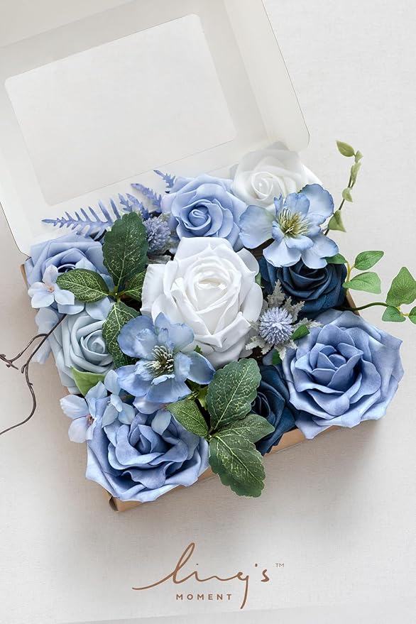 Ling's moment Fake Flowers Box, Artificial Faux Greenery Stems Silk Peony Foam Rose for Wedding Bouquets Centerpieces Table Decorations Backyard Floral Arrangement, Dusty Blue & Ivory, Mini Combo
