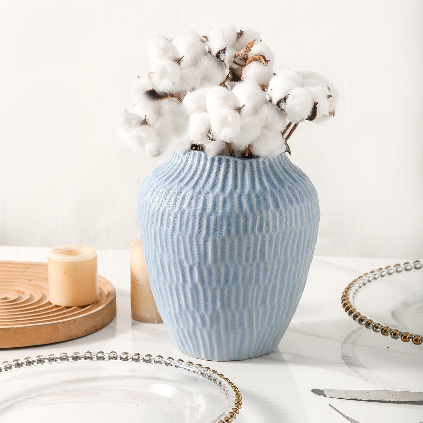 Ceramic Vase for Home Decor,7.8 Inch Flower Vases,Decorative Blue Vase for Pampas Grass,Modern Art Texture Vases for Home Entryway Living Room Dining Table Farmhouse Office Decor-Mat Blue