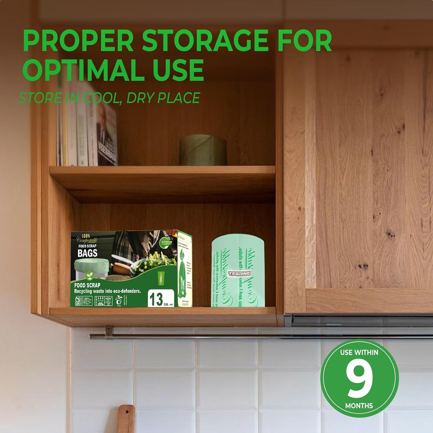 Tall Kitchen Compost Bags 13 Gallon, 49.5 Liter, 0.9 Mil,45 Count Compostable Trash Bags, Food Scrap Waste Bags, ASTM D6400, US BPI, CMA and Europe OK Compost Home Certified