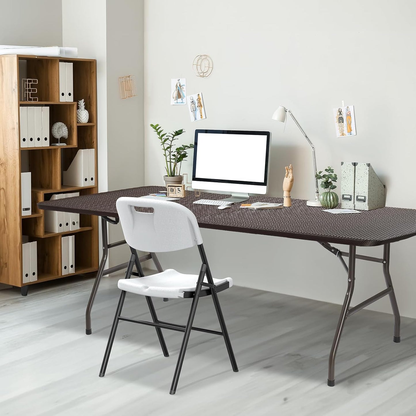 VINGLI 6 Foot Plastic Folding Table Portable Long Table for Indoor Outdoor Use Rectangular with Carrying Handle,Rattan Patterned HDPE Tabletop, Brown