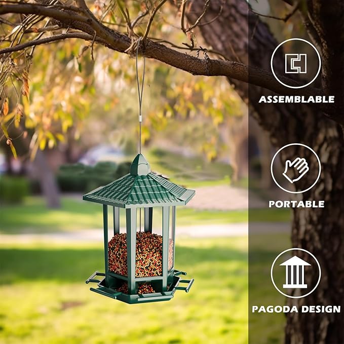 Birdream 2 Pack Bird Feeders for Outdoor Hanging, Retro Pagoda Design Fun Installation Bird Feeder, Attracting Wild Birds Chickadees Goldfinches Cardinals Finches and Sparrows - Green