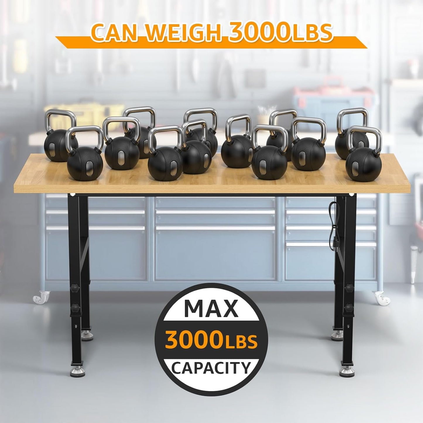 60" Adjustable Workbench,Heavy-Duty Work Table,3000 LBS Load Capacity Particleboard Hardwood Workstation Outlets with Power Strips and Fixed feet,for Workshop, Garage