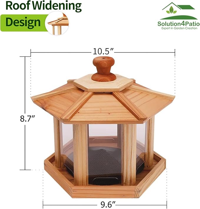 Solution4Patio Bird Feeder for Outdoors - USA Cedar Hexagon Gazebo Bird Feeders with Vented Mesh Tray, Easy-Clean & Fill Design 9.6" Dia. X 8.7" H 3.2-lb Capacity