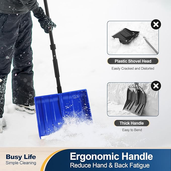 Yocada Snow Shovel for Driveway Home Garage Snow Removal 55 inch Long with D-Grip Handle Aluminum Strip Large Capacity Shovel for Garden Car Camping Outdoor