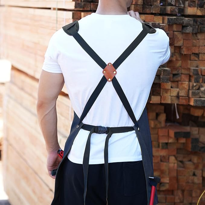 Tosewever Work Aprons for Men with Large Pockets, Canvas Cross Back Heavy Duty Adjustable Tool Aprons for Chef Cooking BBQ