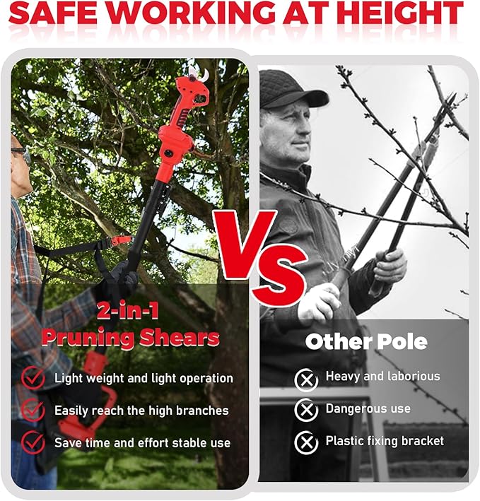 2-in-1 Pole Pruning Shears,1.2" Cutting Diameter,Cordless Electric Pruning Shears with Extension Pole,2×2.0Ah Battery Powered Pruner for Tree Trimming (2 Set Blades&Battery Charger Included)
