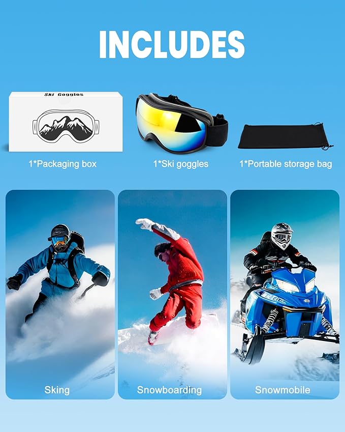 AVV Ski Goggles UV Protection, Anti-Fog Snowboard Snow Goggles OTG for Men Women Adults & Youths