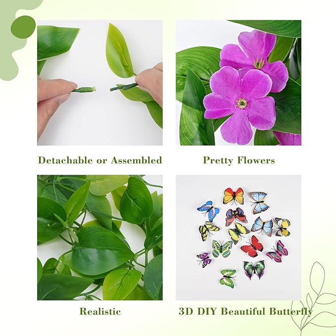 BLEUM CADE Artificial Hanging Flowers for Outdoors, 2pcs Fake Hanging Plants Pothos Vines with Purple Flowers for Wall Home Living Room Indoor Outdoor Decor (No Baskets)