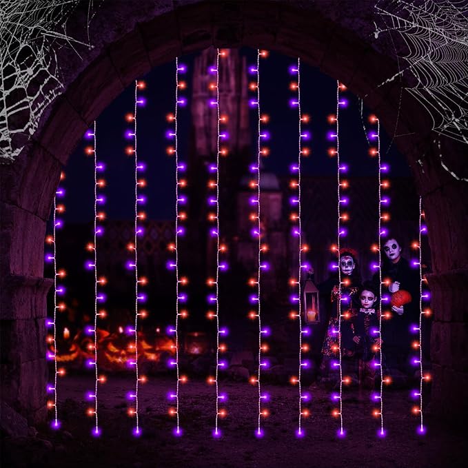 echosari Halloween Curtain Lights Battery Operated, 300 LED Purple Orange Fairy Curtain Lights 9.8Ft x 9.8Ft Hanging Lights with Remote Timer for Party Garden Yard Decor