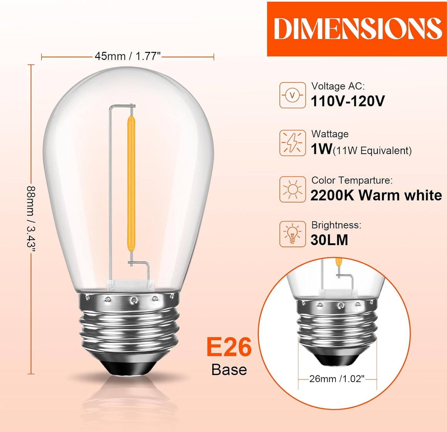 64 Pack LED S14 Replacement Light Bulbs, Shatterproof 1W Vintage Edison Bulbs for Outdoor Patio Backyard String Lights, Dimmable, E26 Screw Base, 2200K Warm White
