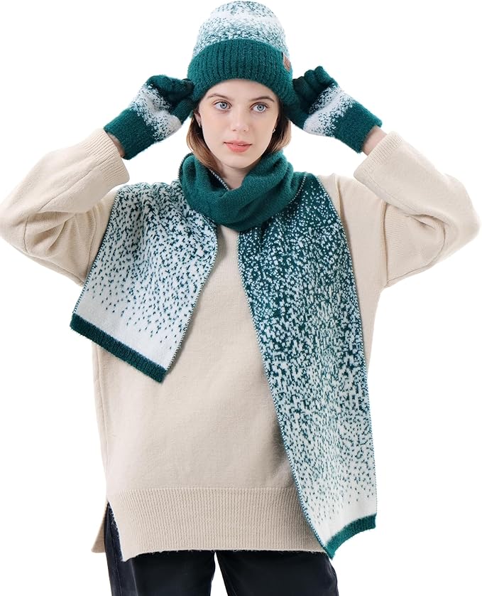 Womens Winter Knit Beanie Hats and Touchscreen Gloves Long Scarf Set with Warm Fleece Lined Skull Caps Scarves for Women