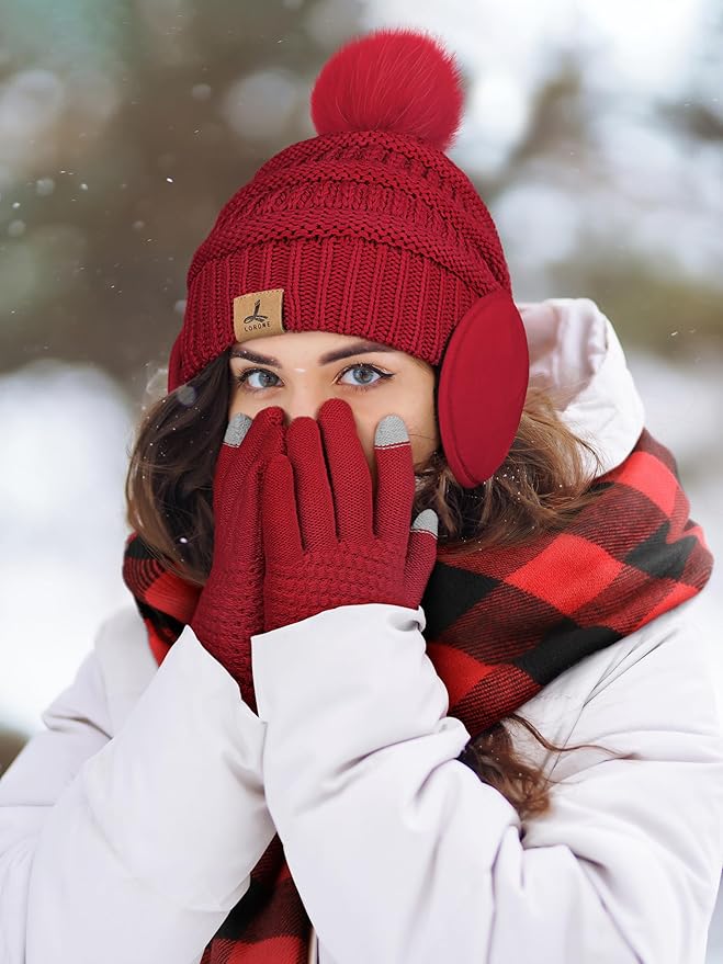 Winter Hat Scarf Gloves and Ear Warmer, Knit Warm Beanie Hat Touch Screen Gloves Long Knitted Plaid Scarf Set Gifts for Women