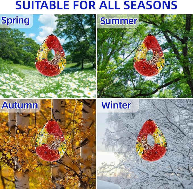 VOREEN Glass Bird Feeder, Handcrafted Hanging Fly-Through Feeder for Outdoor Garden & Backyard, Decorative Wild Bird Feeder with Steel Wire Cable,Red.