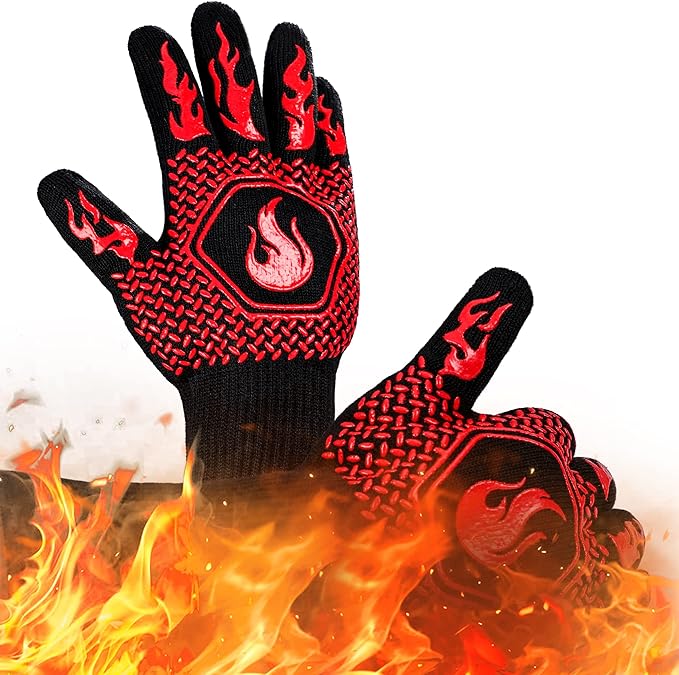 BBQ Fireproof Gloves, Grill Cut-Resistant 1472°F Heat Resistant Gloves, Non-Slip Silicone Oven Gloves, Kitchen Safe Cooking Gloves for Oven Mitts,Barbecue,Cooking, Frying,13.8 Inch-Red
