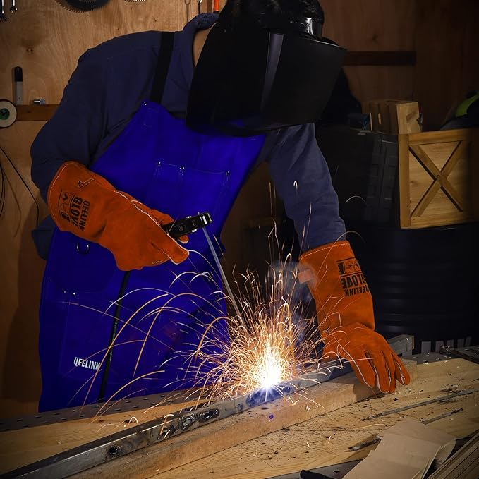 QeeLink Leather Welding Apron with 6 Pockets - Heat & Flame-Resistant Apron, 24'' X 42'', Adjustable M to XXXL (Blue)
