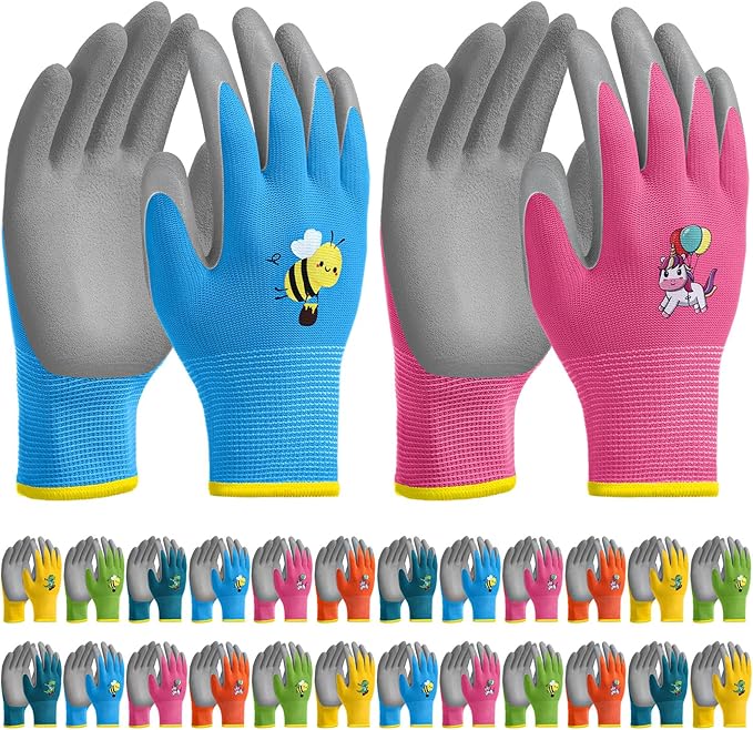 24 Pairs Kids Gardening Gloves Kids Children Yard Grippy Rubber Coated Garden Work Gloves for Girls Boys Outdoor (Large, Age 9-11)