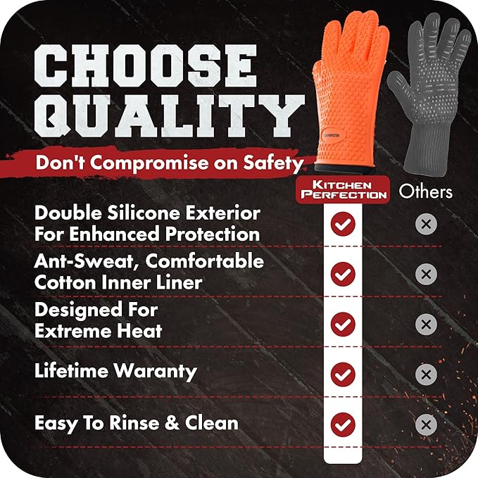 KITCHEN PERFECTION Silicone Smoker Oven Gloves -Extreme Heat Resistant BBQ Gloves -Handle Hot Food Right on Your Smoker Grill Fryer & Pit | Waterproof Oven Mitts |Superior Value Set+3 Bonuses