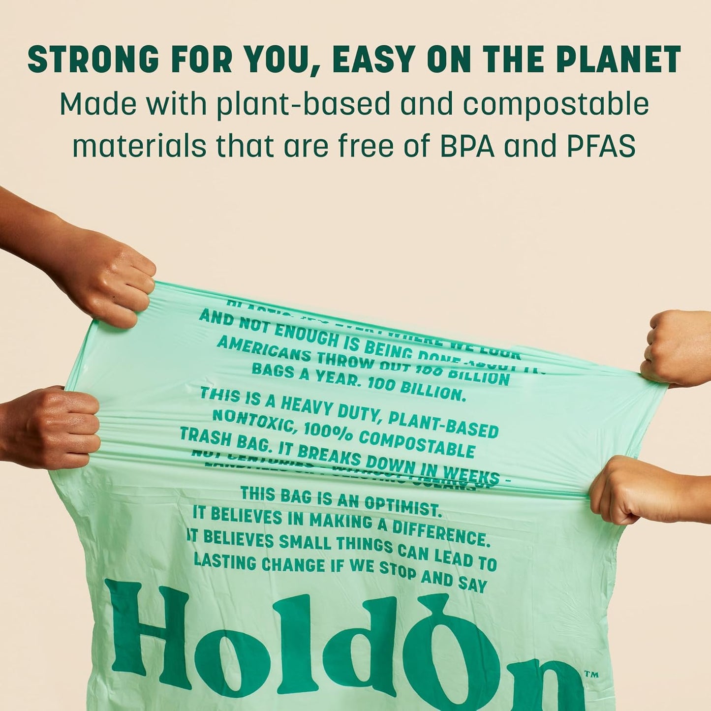 HoldOn 13-Gallon Trash Bags – Plant-based Tall Kitchen Trash Bags with Drawstring Handles for Tall Trash Bins, Heavy-duty and Compostable Large Trash Bags (40 bags)