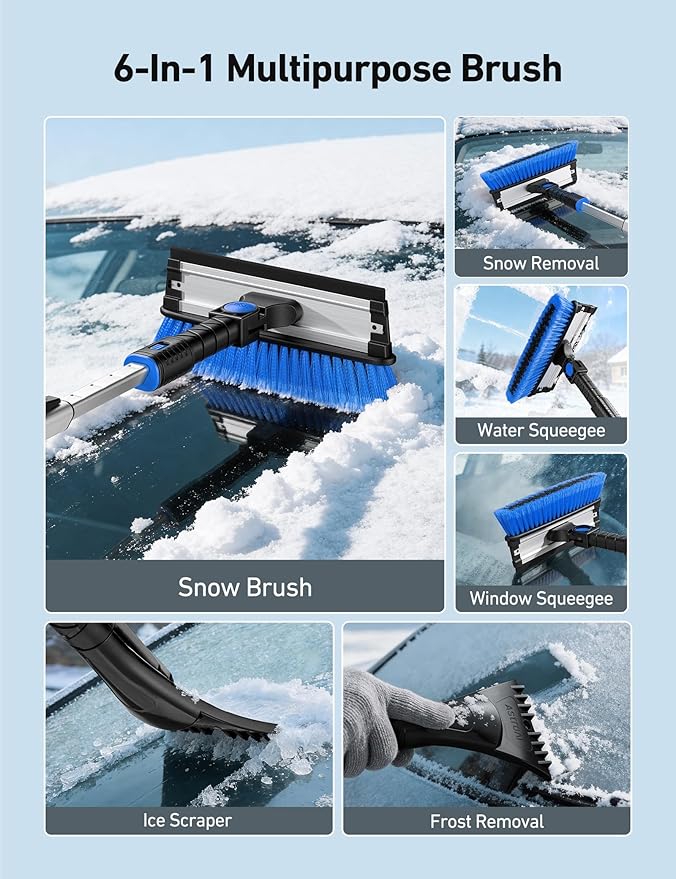 AstroAI 47.2" Ice Scrapers for Car Windshield, 3 in 1 Sturdy Snow Brush with Squeegee, 10 Adjustable Length Settings, Extendable Aluminum Handle, 180° Pivoting Snow Scraper for Car, Truck, SUV(Blue)