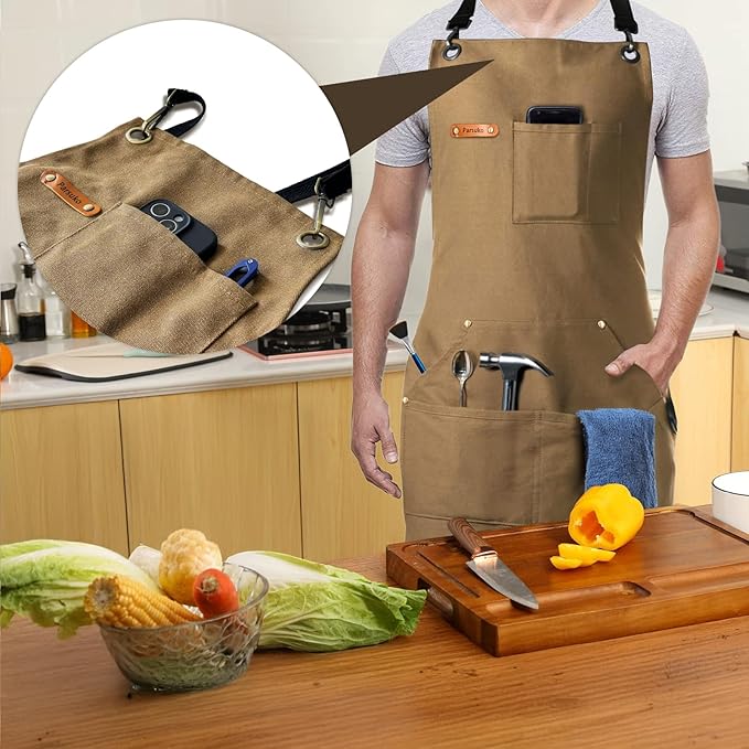 Professional Work Chef Apron for Men Women, Duty Water-Resistant Cotton Canvas, Durable Adjustable, Cooking BBQ