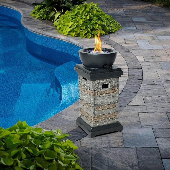 1 lb Bowl Gas Fire Pit, 10,000 BTU Propane Fire Pit, Outdoor Firepit for Outdside Patio w/Glass Rocks