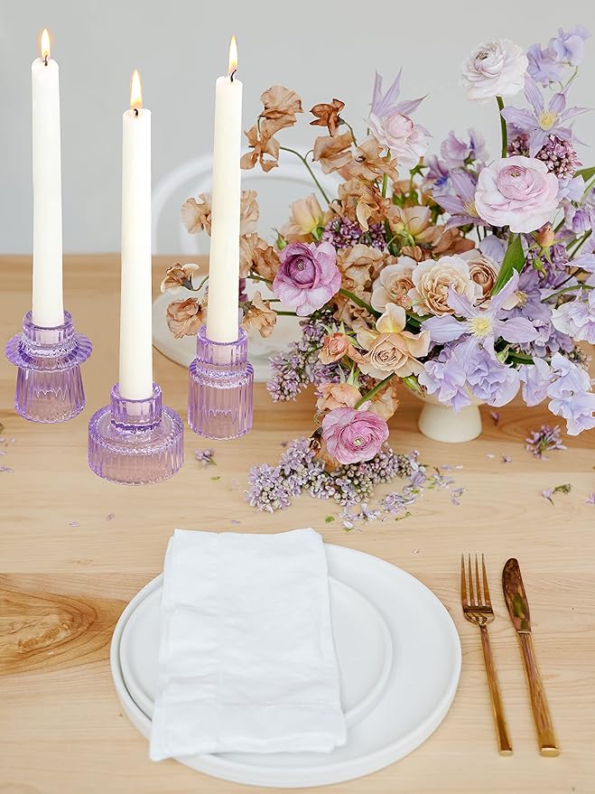 Vixdonos Taper Glass Candlestick Holders Tealight Candle Holders for Table Centerpieces, Wedding Decor and Dinner Party (6 Pcs, Purple)