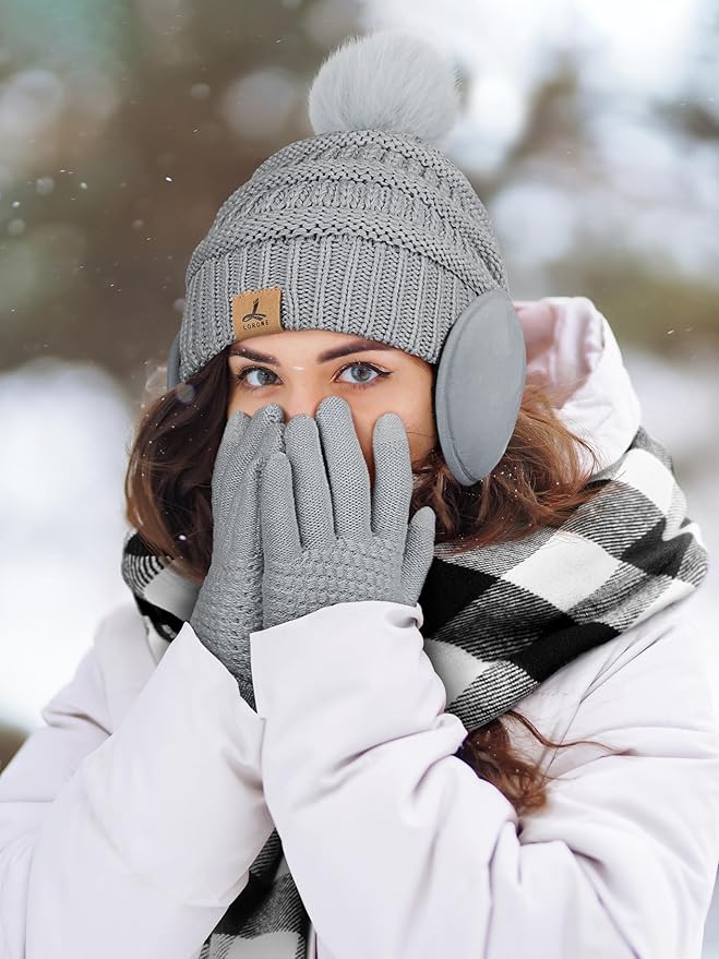 Winter Hat Scarf Gloves and Ear Warmer, Knit Warm Beanie Hat Touch Screen Gloves Long Knitted Plaid Scarf Set Gifts for Women