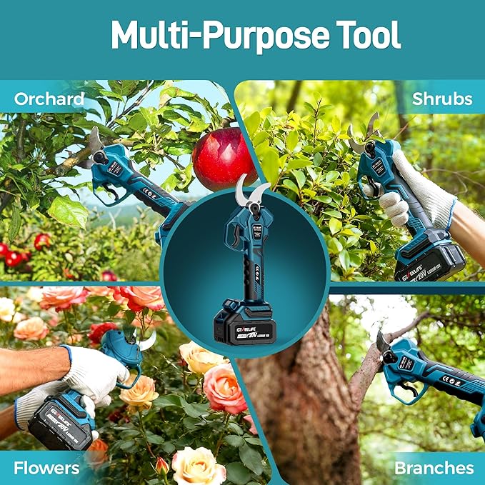 GEVEELIFE Electric Pruning Shears Cordless, 1.6" Cutting Diameter, Portable Cordless Pruning Shears with SK5 Blades, 4 Modes, 2×4.0Ah Battery Powered Electric Pruner for Garden Tree Trimming