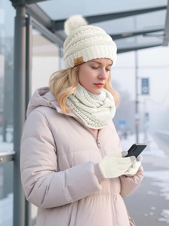 URATOT 4-In-1 Winter Warm Sets Knitted Scarf Touch Screen Gloves Beanie Pompom Hat and Winter Ear Warmer for Men or Women