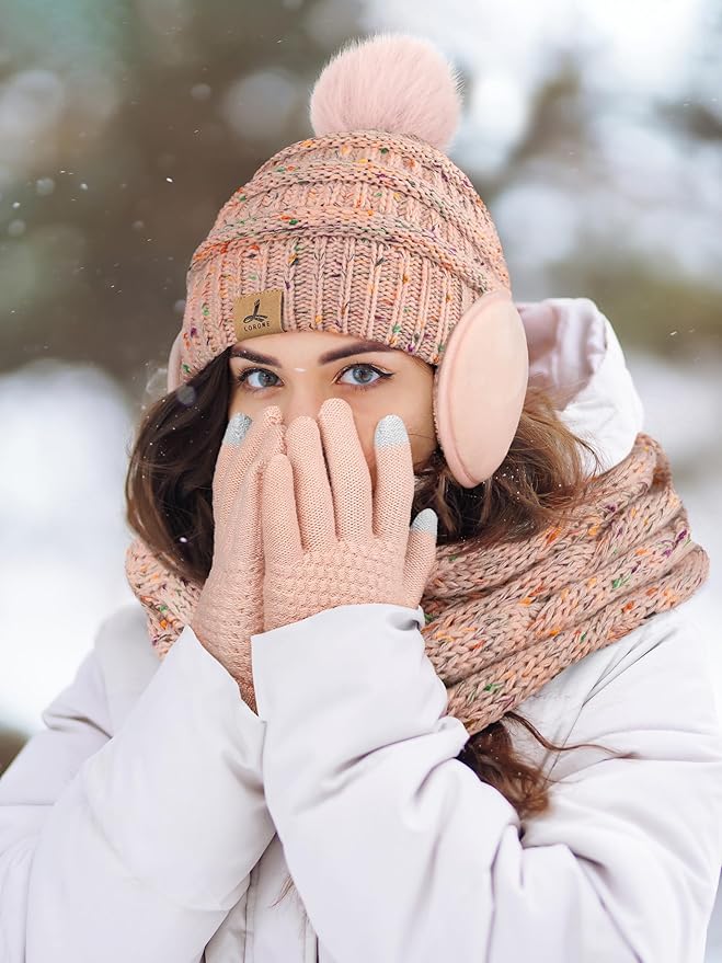 Winter Hat Scarf Gloves and Ear Warmer, Warm Knit Beanie Hat Touch Screen Gloves Set Winter Gifts Neck Scarves for Women
