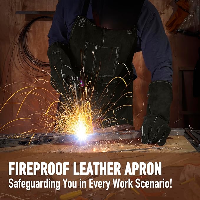 Leather Welding Work Apron - Heat Resistant & Flame Resistant Bib Apron, Flame Retardant Heavy Duty BBQ Apron
