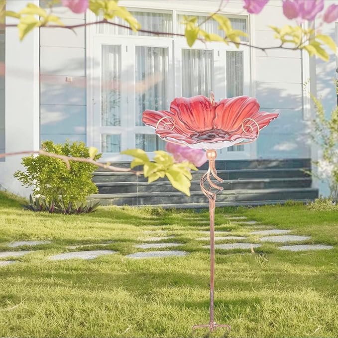 MUMTOP 31 Inch Height Glass Birdbath Birdfeeder with Metal Stake Garden Yard Outdoor Red