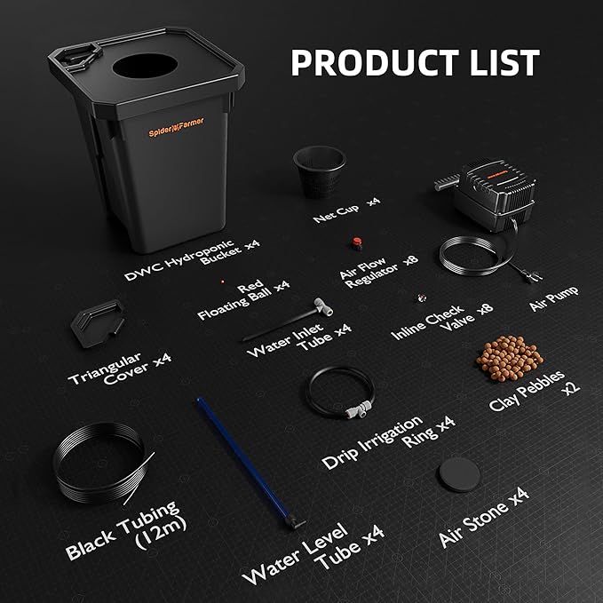 Spider Farmer DWC Hydroponics Grow System with 7-Gallon Deep Water Culture, New Triangular Cover Design, Recirculating Drip Garden System with Top Drip Kit, 11W Air Pump, 4 Buckets