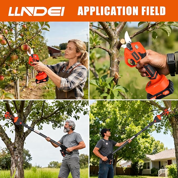 LLNDEI 2-in-1 Electric Pruning Shears with 13Ft Reach Extension Pole, 1.6“ Cutting Diameter, Electric Tree Pruner, 1000w Brushless Motor, Cordless Power Pruner for Tree Trimming.