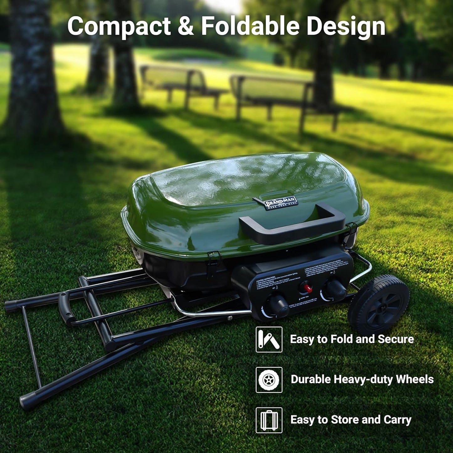 Brand-Man Propane Gas Grill, Portable Standup Grill with Folding Cart & Push-Button Ignition, Ideal for Camping, Tailgating, BBQ, Backyard, Patio & More