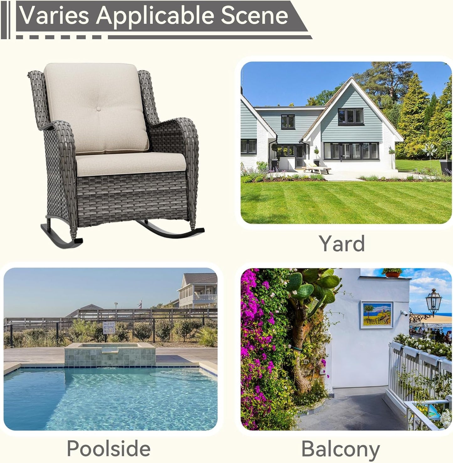 1 PC Outdoor Rocking Chair, Wicker Patio Rocker Chair for Yard, Porch, Mixed Brown Grey Rattan, Beige Cushions