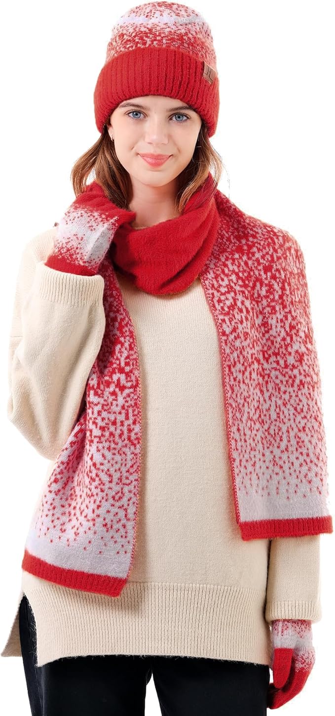 Womens Winter Knit Beanie Hats and Touchscreen Gloves Long Scarf Set with Warm Fleece Lined Skull Caps Scarves for Women