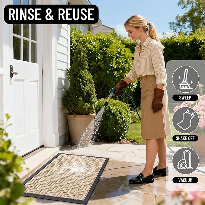 OLANLY Front Door Mat Outside Entrance 47x17, Absorbent, Heavy Duty Sturdy Natural Rubber Doormat Indoor Outdoor, Non-Slip, Stain and Fade Resistant, Low Profile Floor Mat for Entryway, Latte White