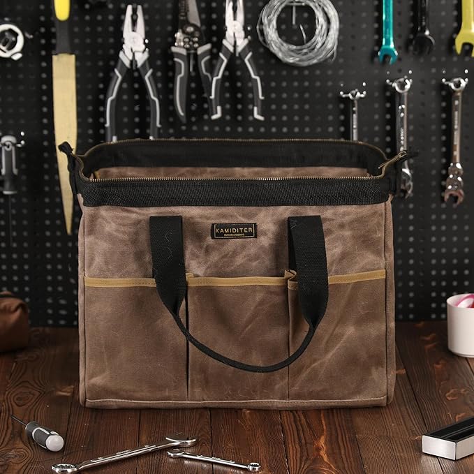 Tool Bag, 15-inch Heavy Duty 16oz Waxed Canvas Wide Mouth Water-Resistant Tool Bag, Tool Tote with Handle for Tools, Wrenches, Screwdrivers (15 X 7.8 X 11.5 inch) | Grey