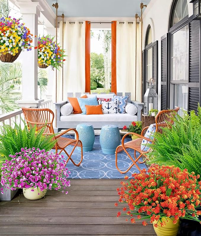 Ouddy Decor 24 Bundles Artificial Flowers for Outdoors UV Resistant Fake Plastic Plants Faux Boston Fern Greenery Stems for Spring Summer Indoor Garden Patio Window Box Kitchen Home Decor, Mixedcolor