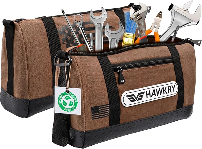 HAWKRY Canvas Tool Pouch – Brown Tool Bag for Tool Storage, DIY, Electrical, Auto or Hobby Use | Rugged Canvas Organizer with Zipper & Reinforced Base – Compact Utility Pouch for Toolbox or Car