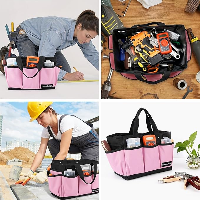 Housolution Gardening Tote Bag, Deluxe Garden Tool Storage Bag and Home Organizer with Pockets, Wear-Resistant & Reusable, 14 Inch, Pink