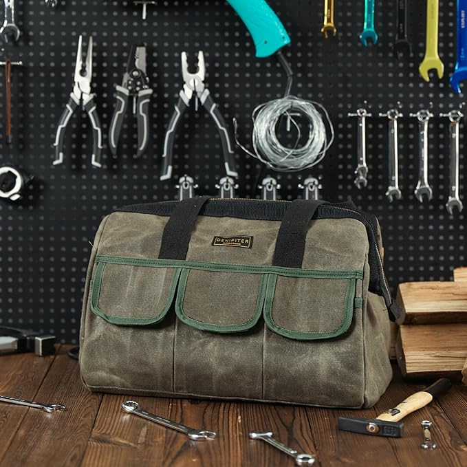 15 Inch Tool Bag, Heavy Duty Waxed Canvas Wide Mouth Water-Resistant Tool Bag, Garden Tool Tote with 15 Pockets | ArmyGreen