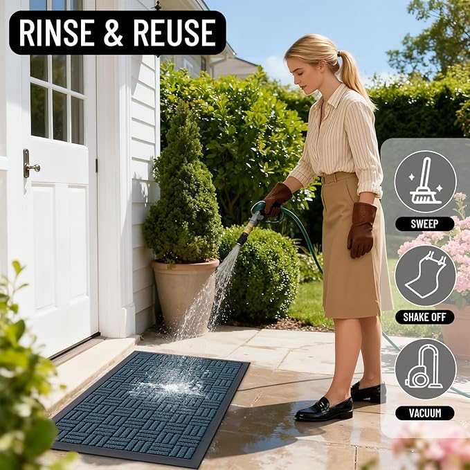 OLANLY Front Door Mat Outside Entrance 47x23, Absorbent, Heavy Duty Sturdy Natural Rubber Doormat Indoor Outdoor, Non-Slip, Stain and Fade Resistant, Low Profile Floor Mat for Entryway, Lake Blue