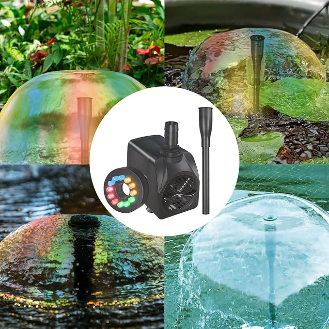 15W 200 GPH Submersible Fountain Pump with LED Light, Ultra Quiet Adjustable Water Pump (800L/H) for Water Feature, Hydroponics, Garden, Pond, Aquariums, Fish Tanks, Indoor Outdoor Fountain