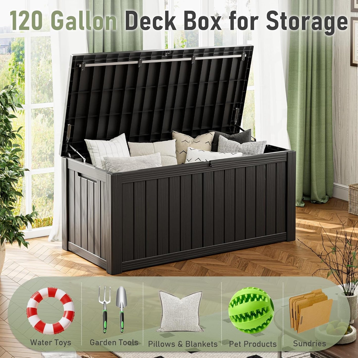 KAMABOKO Outdoor Storage Box, 120 Gallon Large Outdoor Resin Deck Box, Storage Waterproof Boxes Lockable Lid for Garden Tools, Pool Supplies, Patio Furniture and Cushions, Black