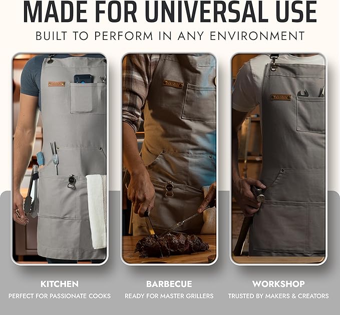 Asaya Chef and BBQ Apron with Bottle Opener and Hand Towel - 10oz Cotton Canvas, Stainless Steel Hardware - Cross Back Straps